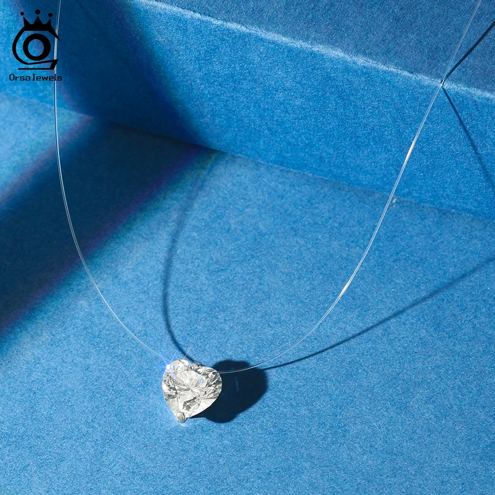 

ORSA JEWELS Silver 925 Invisible Chain Necklaces Pendant 8A Zircon Heart Simple Choker Necklace Transparent Fishing Line LZN31