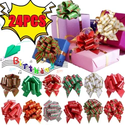 New 24/12PCS Christmas Pull String Bows Big 5 Inch Gift Bows Ribbon for Xmas Present Wrapping Florist Flower Basket Decoration