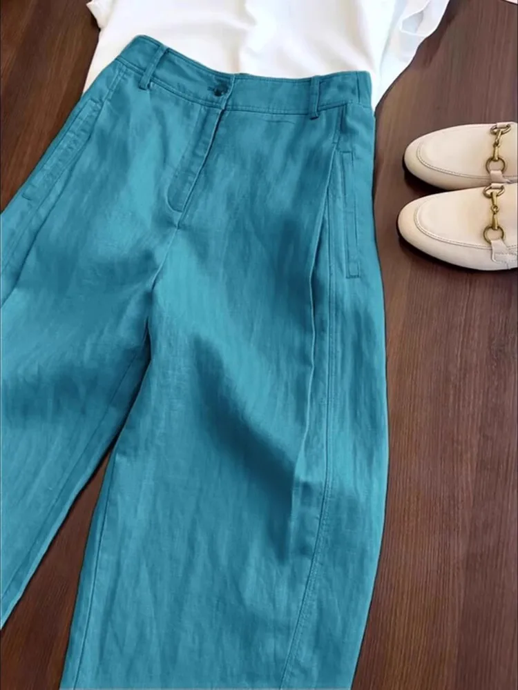 

Summer New High Waist Loose Casual Dopamine Lake Blue Wide Leg Pants Women's Commute Style Polyester Fiber Button Closure