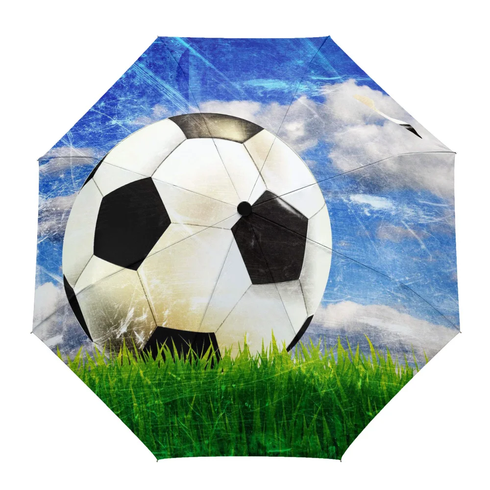 Football Sky Clouds Grass Soccer Creative Umbrella Rain Women Automatic Three Folding Umbrellas Windproof Parasol Parapluie