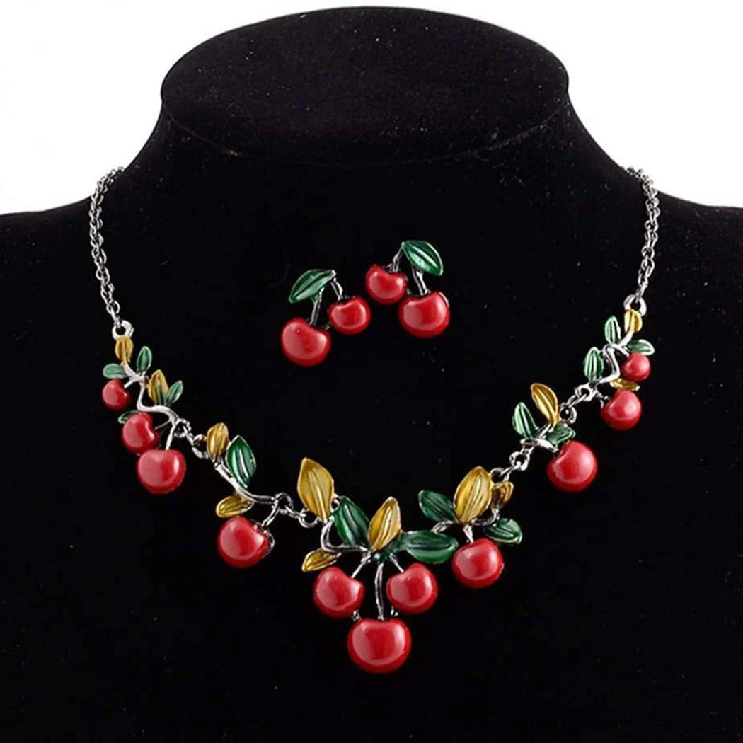 Retro Chain Necklace Cherry Pendant Necklace Charm Necklace With Stud Earrings Women Fashion Retro Jewelry Cherry Necklace Set