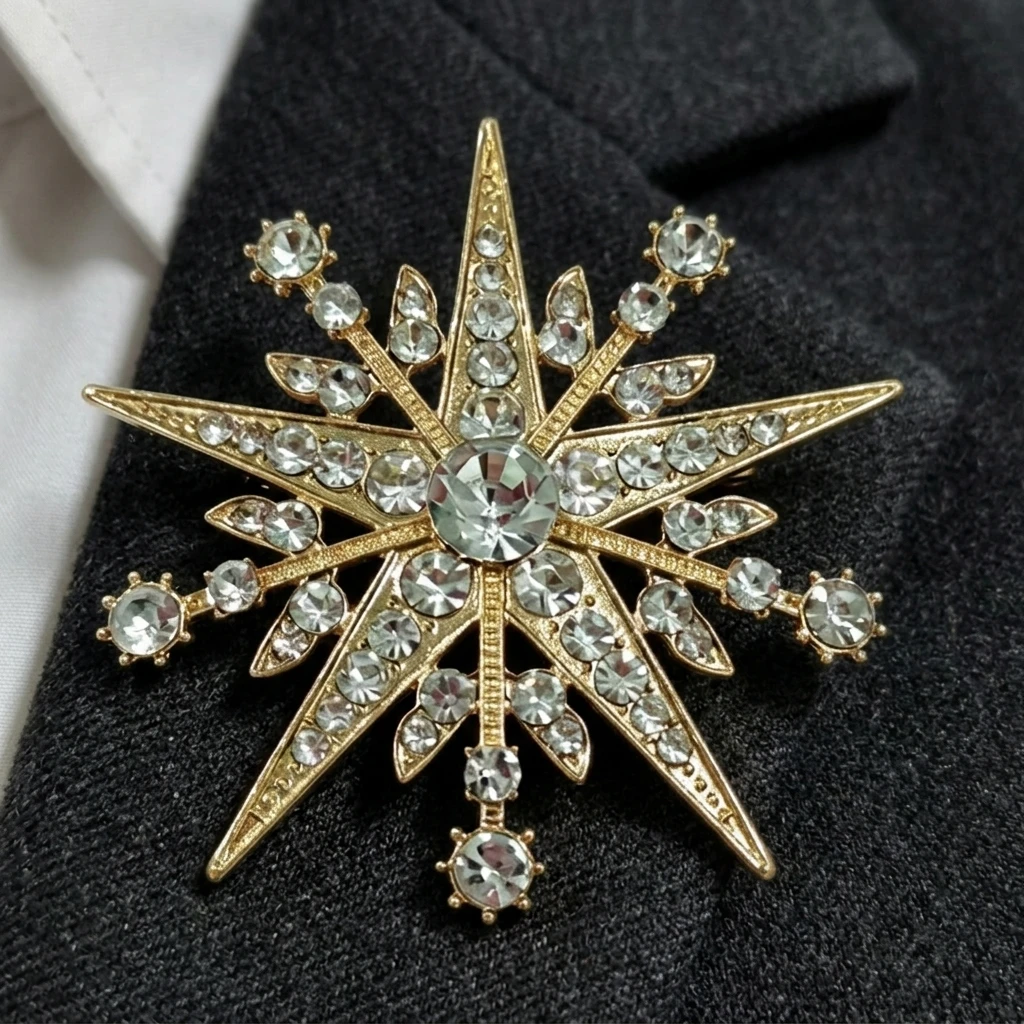 Women's Alloy Rhinestone Eight-Pointed Star Brooch Snowflake Pin for Coat Suit Accessories