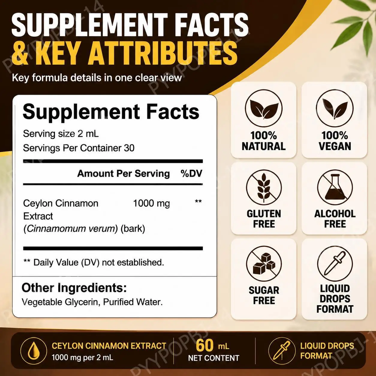 Lenm Ceylon Cinnamon Extract Liquid Drops Sugar-Free Alcohol-Free 100% Natural Antioxidant Balance Energy & Vitality 30 Servings