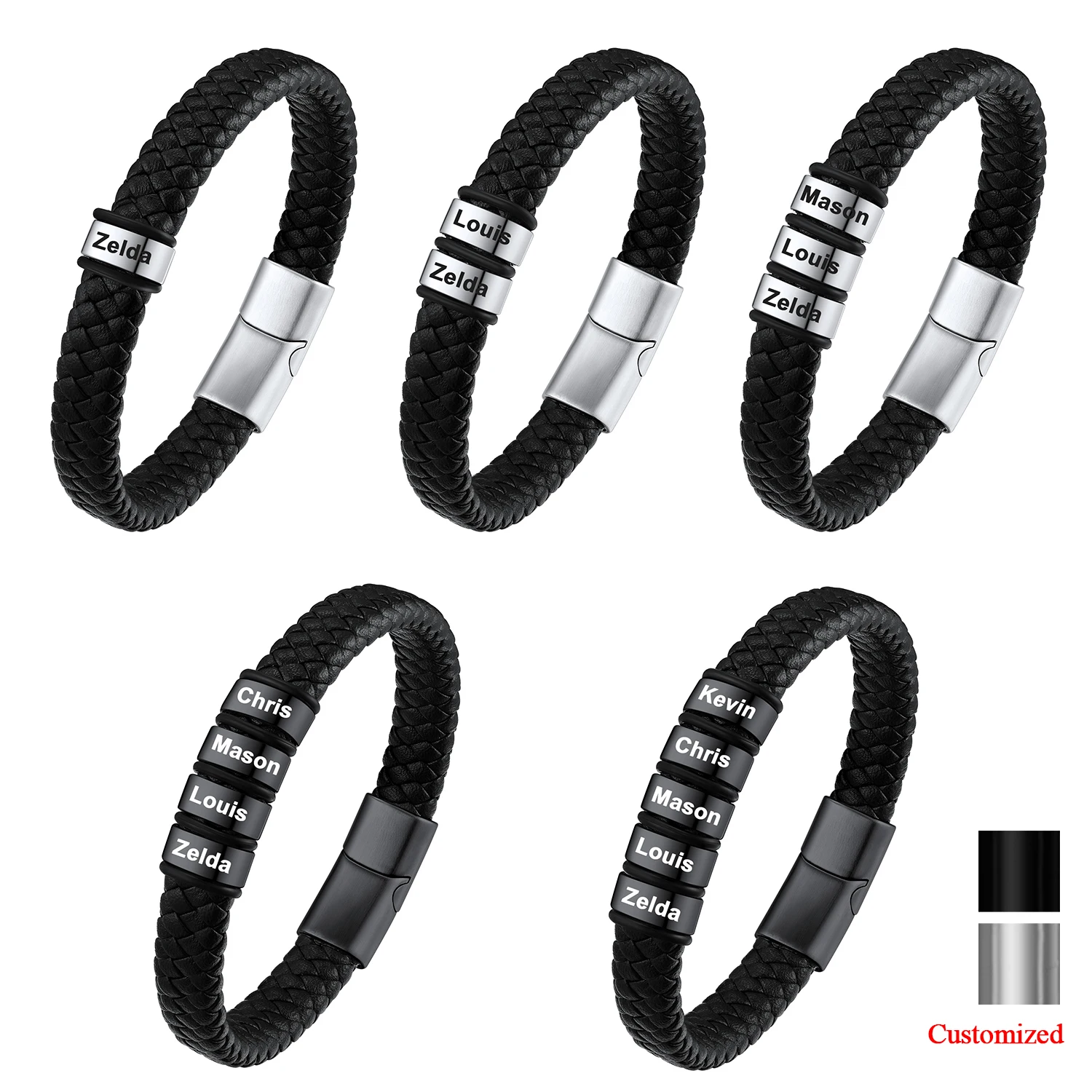U7 12mm Wide Black Leather Custom Family Names Bracelets for Man Stainless Steel Bead 19/21/23cm Wristband Bracelet for Him