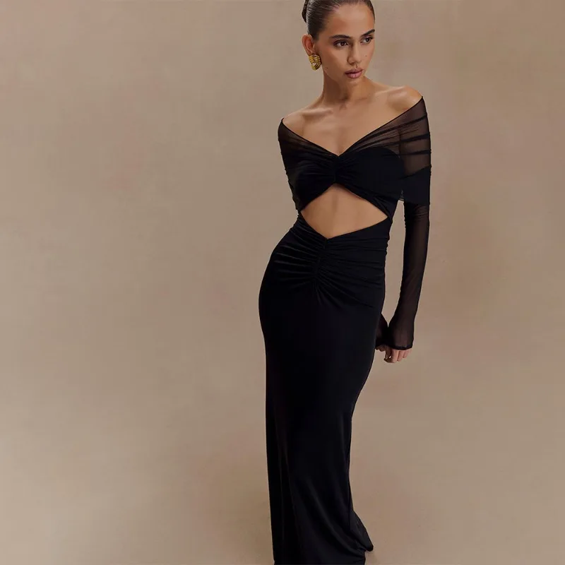 Women Elegant Sheer Mesh Patchwork Bodycon Maxi Evening Party Dress Ruched Hollow Off Shoulder Full Sleeve Birthday Long Robe
