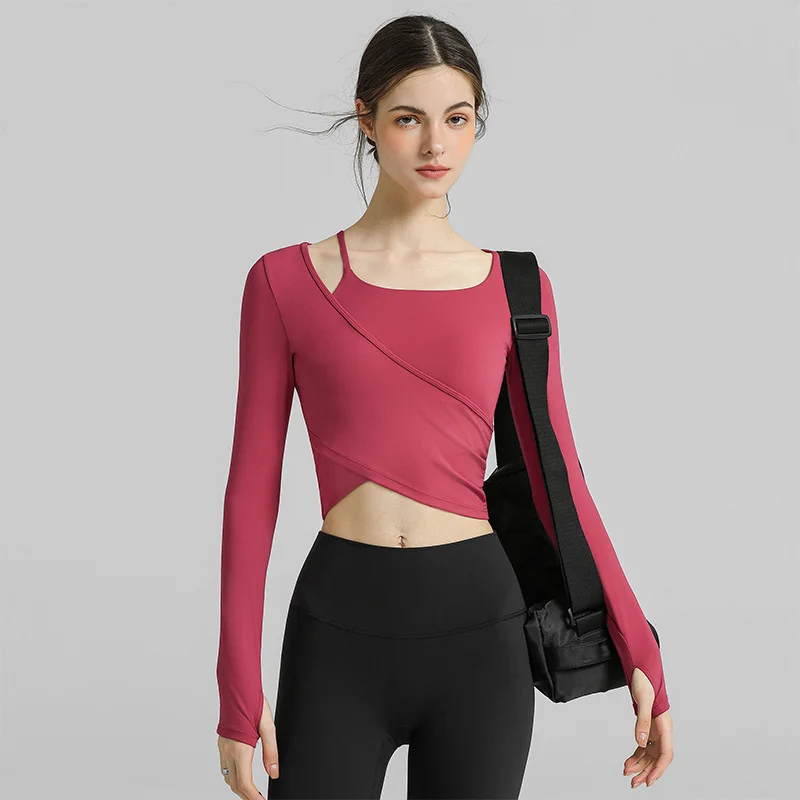 

Женский топ для йоги 2025 со встроенным бюстгальтером, тренировочная рубашка с длинными рукавами для бега, пилатеса, тренажерного зала, фитнеса, спортивная одежда с длинными рукавами
