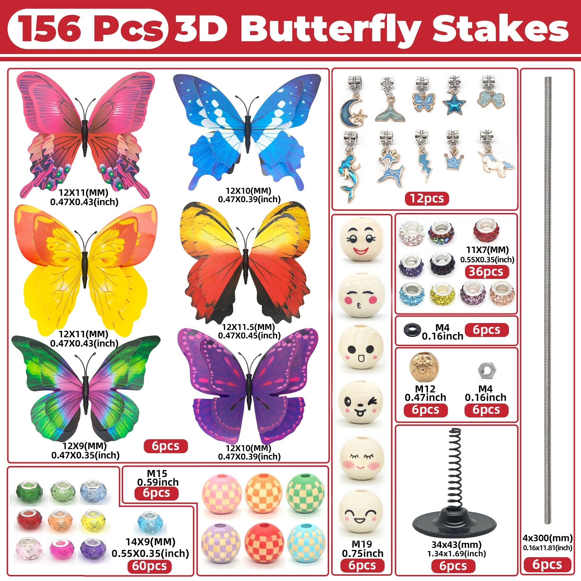 156Pcs 3D Butterfly Garden Stakes Decorative Kit, 304 Stainless Steel M4x300mm Threaded Rods with Butterfly Ornaments Beads Spri