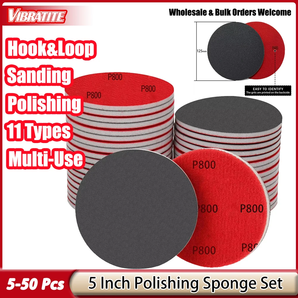 

5-50Pcs 5 Inch Polishing Sponge Sandpaper Hook & Loop Sanding Pads for Wood, Metal, Plastic and Wall Burr Stain Removal