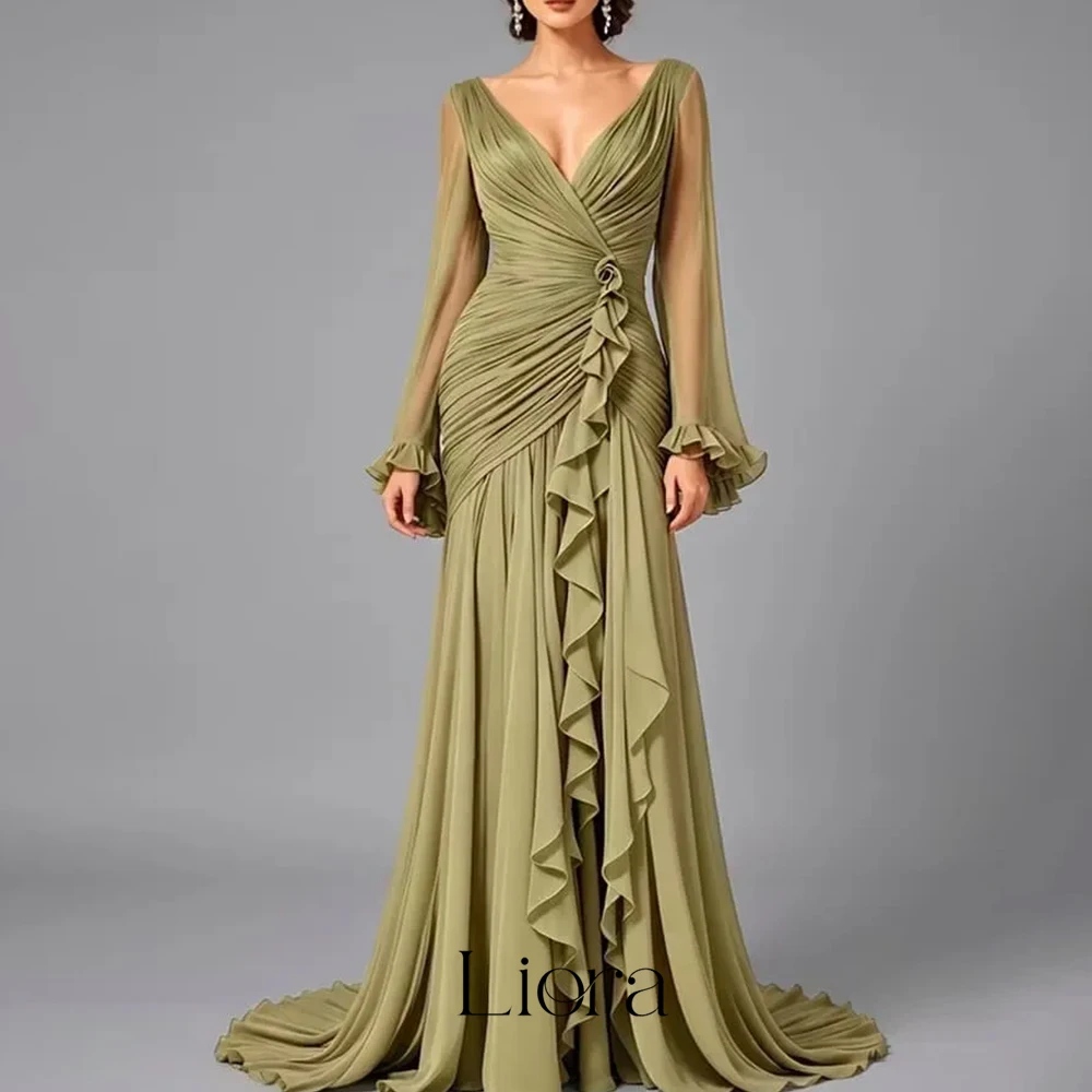 Liora Customized V-Neck Mother Of The Bride Dresses Sheer Long Sleeve Ruffled Chiffon Wedding Guest Gowns Vestido De Festa