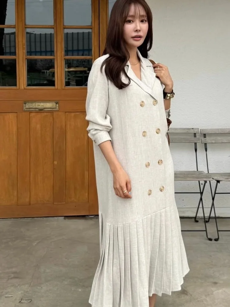 

Chic Summer Spring Loose Suit Collar Double Button Plaid Skirt Dr Women's Faionable Ele Sle Casual Comfortable Fit