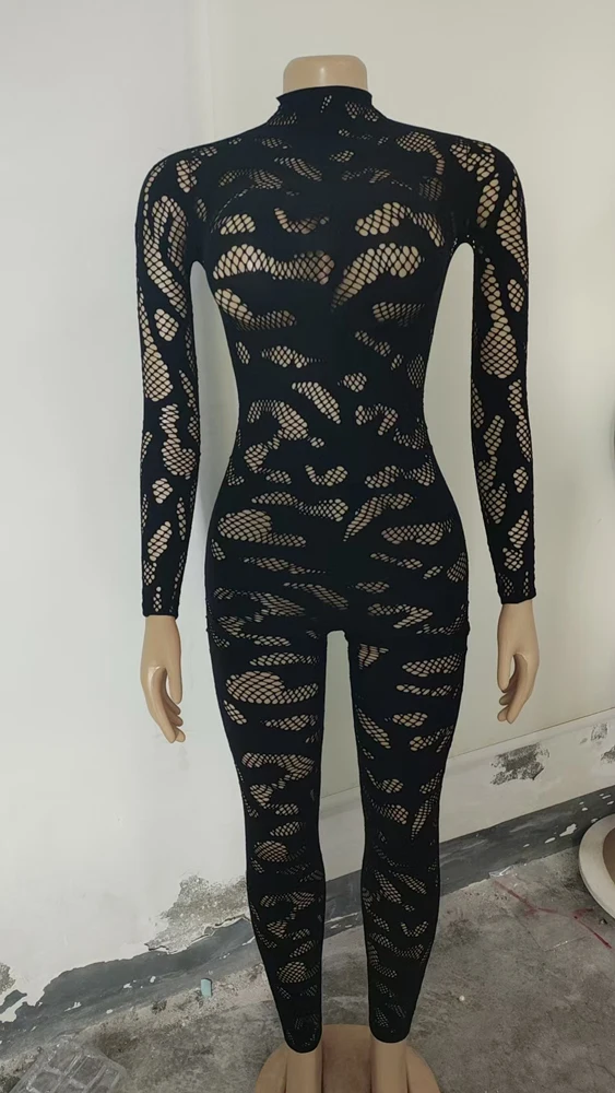 Damen-Jumpsuit aus transparenter Spitze, langärmelig, figurbetont, einteiliges Outfit, abstraktes, durchsichtiges, enganliegendes Jumpsuit für Party, Nachtclub und Clubwear. – Detail 4