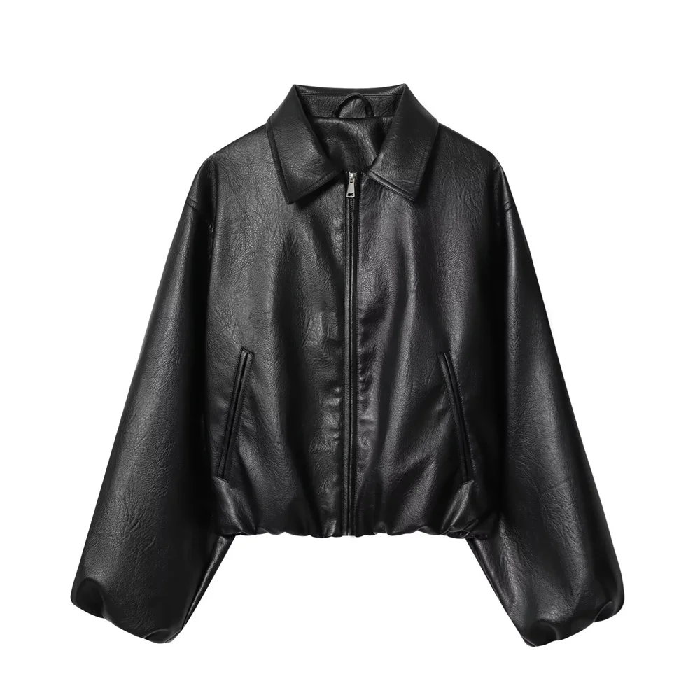 Veste de pilote en faux cuir pour femmes, manches longues, revers, poche, fermeture éclair, décoration, nouvelle collection
