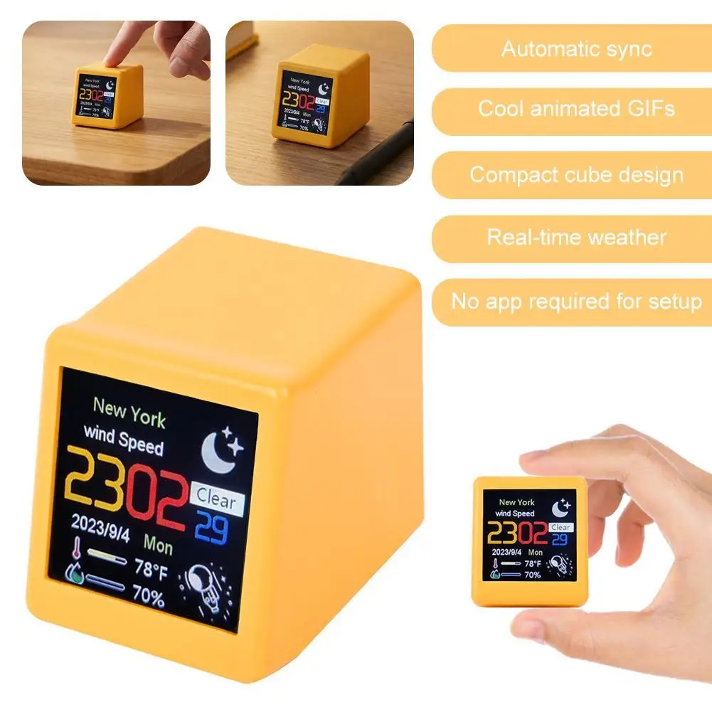 Smart WiFi Weather Station Cute Mini Desktop Clock Auto-Sync Time Temperature Humidity Animated Display Alarm Clock for Gift