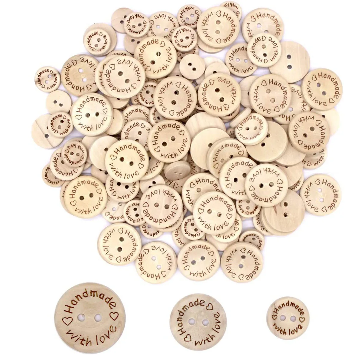 300Pcs Handmade with Love Wooden Buttons Delicate Round Wood Buttons for Sewing and Crafting Decorations 15mm 20mm 25mm