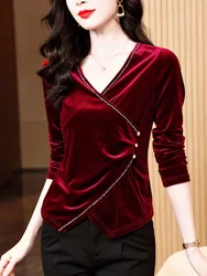 Women T Shirt Elegant Velvet Pullovers Tops Autumn Winter Cross Wrap Long Sleeve Tshirt Lady Office Bottoming Slim Fit Tops