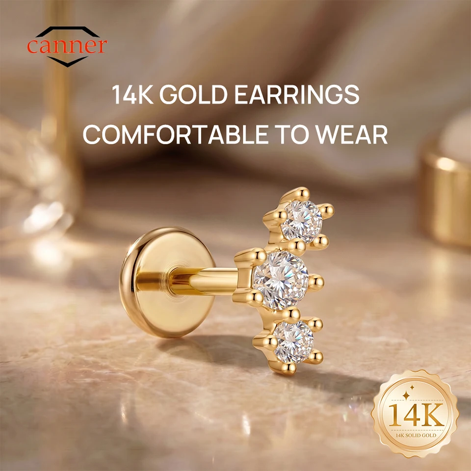 

CANNER 1PC 14K Solid Gold Classic Five Claws CZ G23 Titanium Piercing Earring For Women Hypoallergenic Dainty Earring Perty Gift