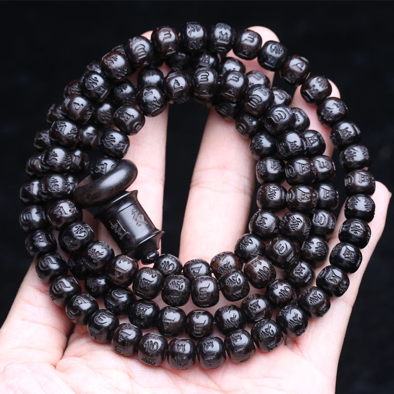 Natural Ebony Tibetan Buddhist Prayer Wheel Mantra Beads 8mmx9mm 108 Beads MALA Necklace