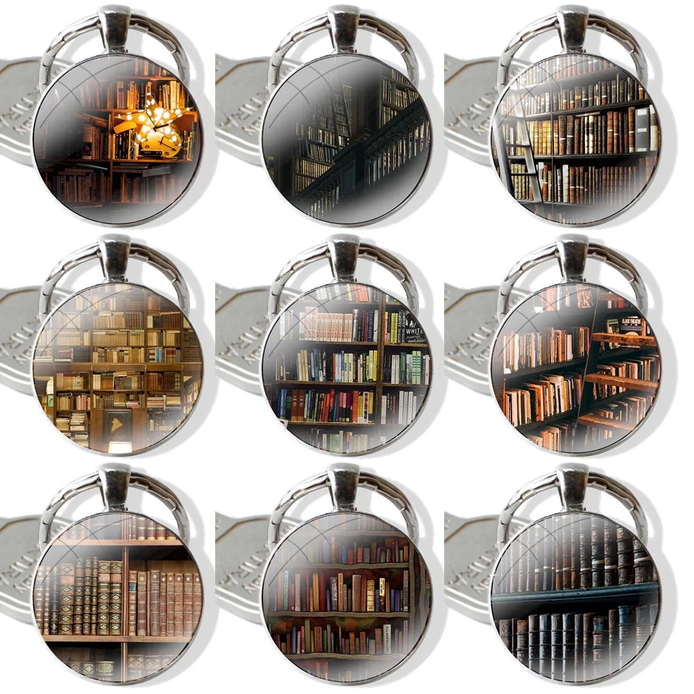 25mm Glass Cabohcon Keychain Key Rings for Women Men Jewelry Gift Book Library Painting