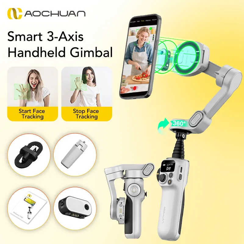 AOCHUAN Smart P2 stabilisateur de cardan portatif magnétique à 3 axes avec suivi AI et tige d'extension pour cardan de Smartphone iphoen