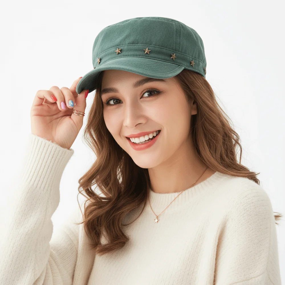 Washed Denim Flat Top Cap Retro Distressed Metal Rivet Washed Cotton Hat Breathable Cotton Solid Color Retro Duckbill Cap