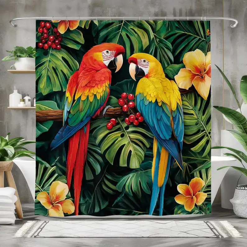 

Exotic Jungle Bathroom Decor, Vibrant Waterproof Fabric Curtain, Long Bath Curtain Tropical Leaves Design