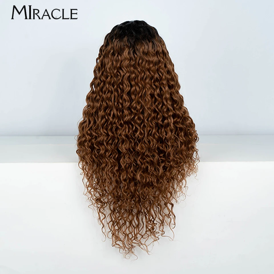 MIRACLE Curly Wig Brown Synthetic Lace Front Wigs for Women 30Inch Water Wave Cosplay Wig Heat Resistant Long Wavy Fake Hair