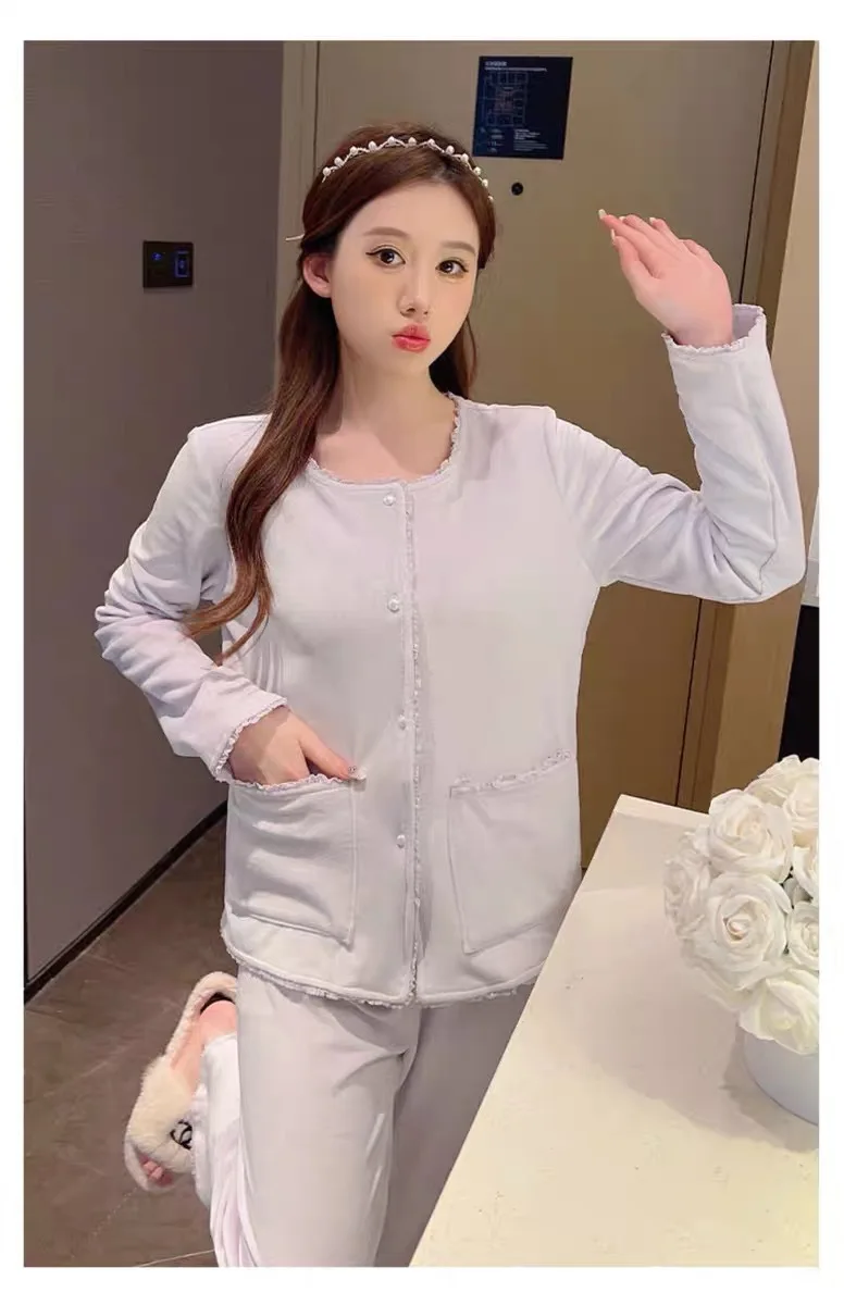 Twinset Island Velvet Pajamas Set for Women, Autumn and Winter Sleepwear, Long Sleeve Nightwear, Homewear Suit