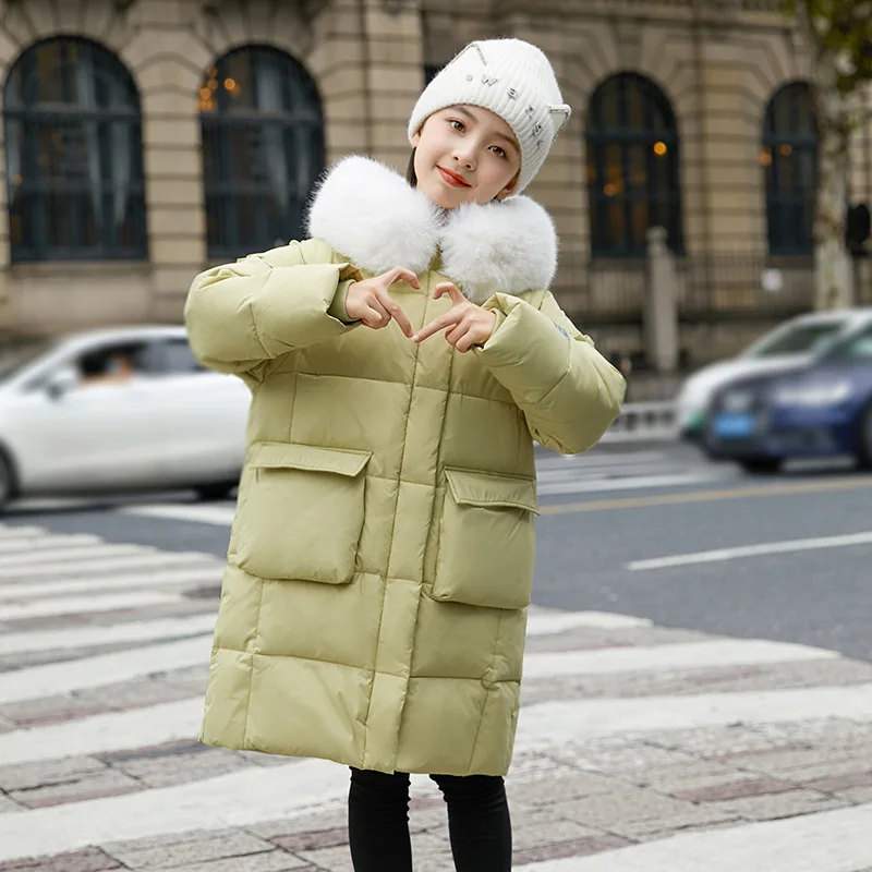 

Winter Warm Girls Plain Hooded Single-Breasted Zip Long Thick Puffer Jacket School Kids Down Coats Child Outerwear Parka 5-14Yrs