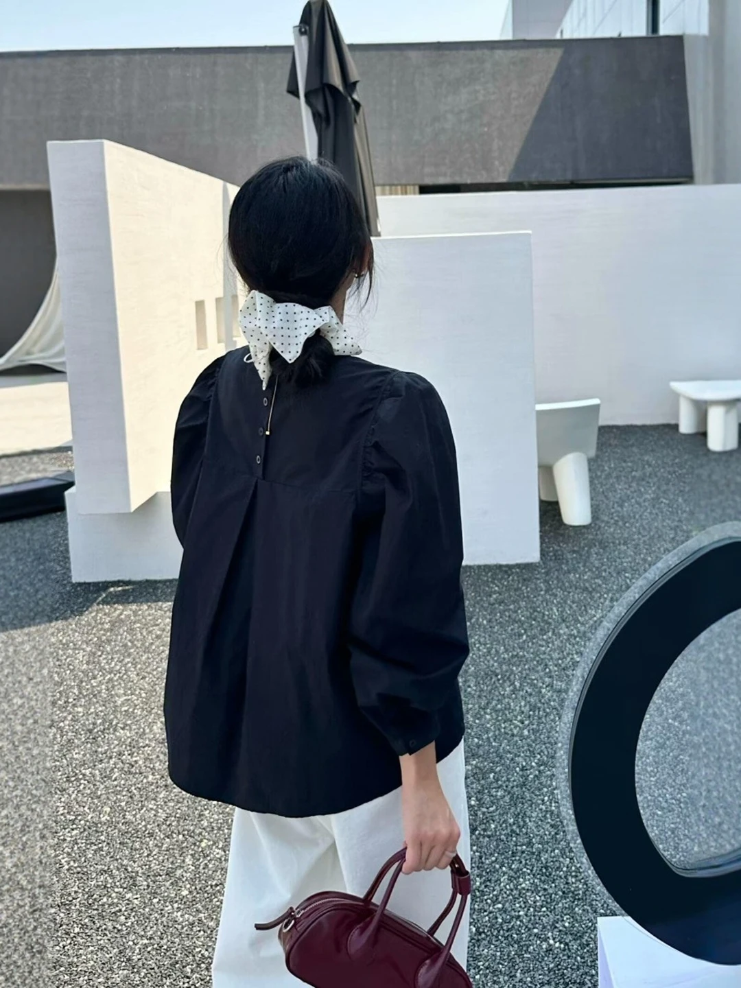 

Bla mat Pleated Bubble Sve irt Women's Spring Faion High-End Feeling Wide ort Doll irt Sli Outerwear Top