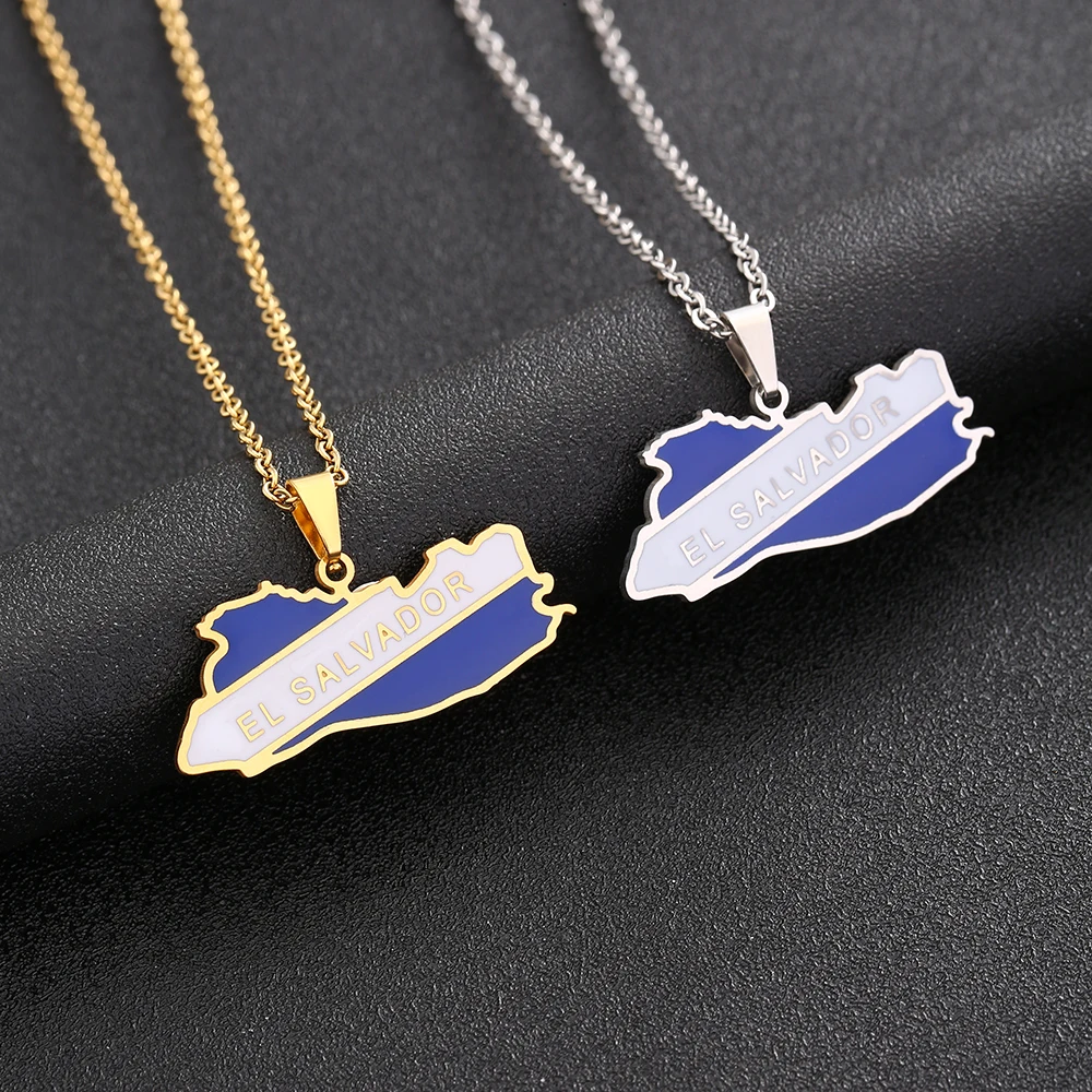 El Salvador Map Coloured Flag Pendant Necklace Stainless Steel For Women Girls Gold Silver Color Charm Fashion Jewelry Gift