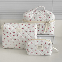Fashion Cherry Tote Women Makeup Bag Portable Cute Ladies Cosmetic Toiletry Storage Pouch Handbag Cotton Quilted Zipper Bag