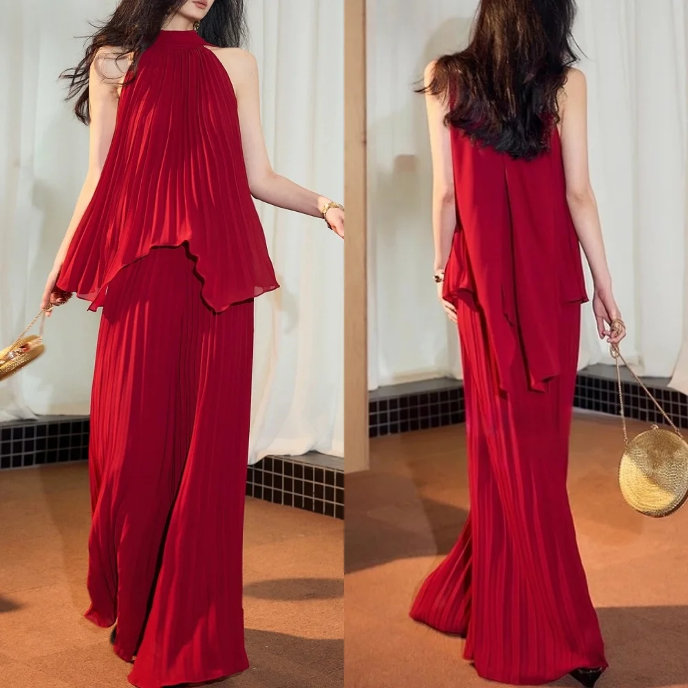 Moda personalizada sexy chiffon plissado drapeado a linha gola alta vestidos longos sob medida vestidos de ocasião tamanhos disponíveis clássico