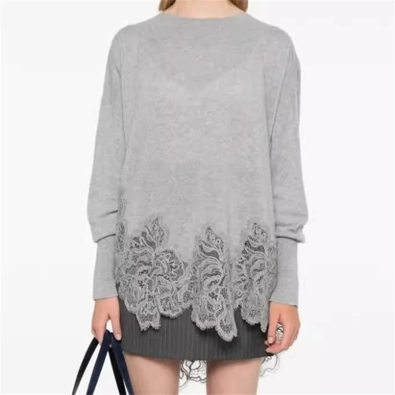 

Women's sweater New in lace embroidered patchwork pullover for autumn 2024 cashmere blend Women's long sleeved top y2k Knitwear