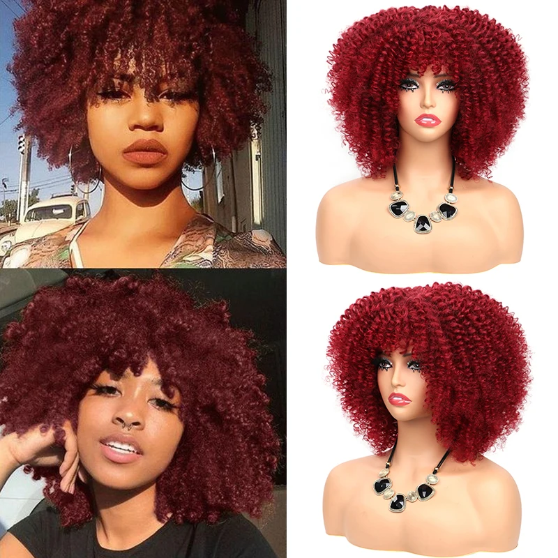 

Short Kinky Curly Wig with Bangs Afro Curly Wigs for Women Synthetic Fluffy Soft Ombre Burgundy Wig Heat-Resistant Cosplay Hair