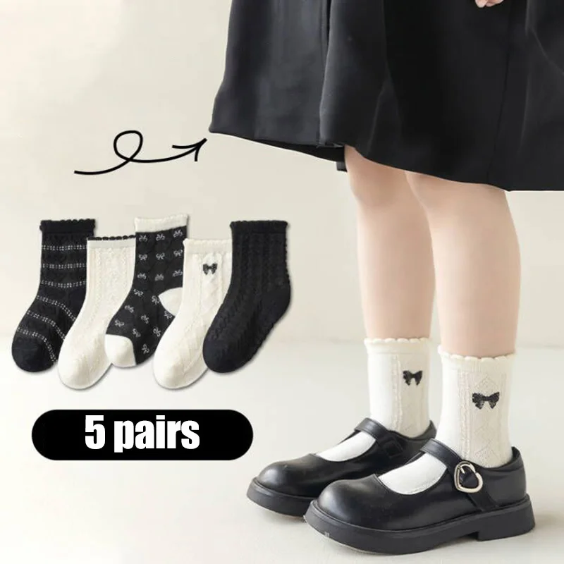 

5Pairs Girls Summer Socks Children Cute Bowknot Print Soft Cotton Princess Socks Toddler Kids Casual Short Socks