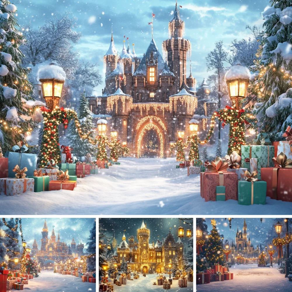 

Magical Fairytale Snow Castle Christmas Backdrop Warm Street Lamp Flocked Pine Tree Colorful Gift Box Snow Path Shoot Background