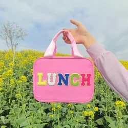 Borsa per il pranzo con taglio a forma di cartone animato Patch con lettera inglese Scatola per il pranzo portatile Confezione di ghiaccio Cibo Picnic Borse isolanti fresche Regalo per il rientro a scuola