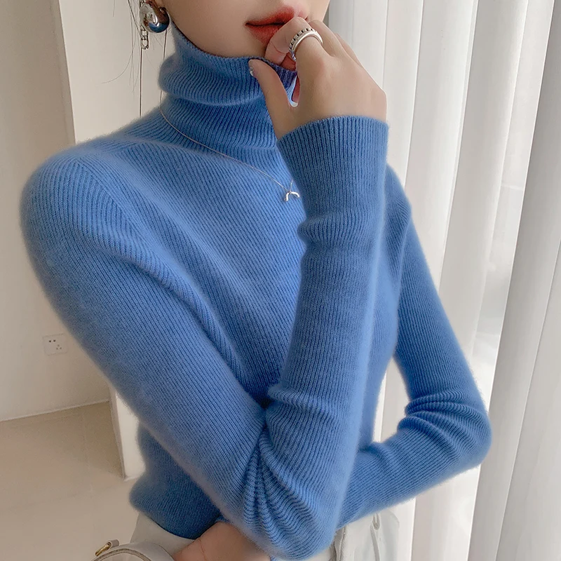 Women's Clothing Fashion All-match Solid Turtleneck Sweater Summer Winter New Elegant Slim Long Sleeve Knit Pullovers Lady Tops