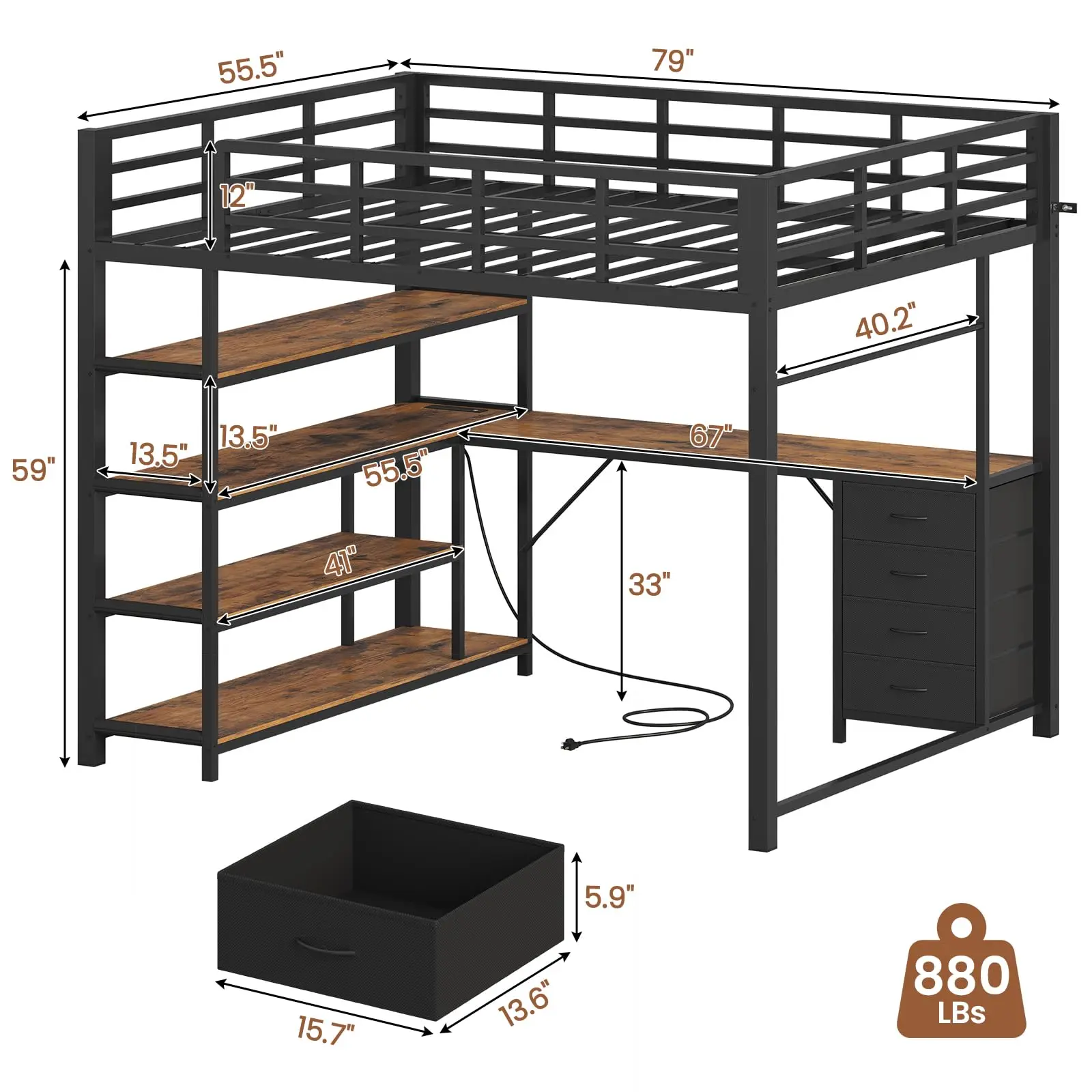 Loft Bed Full Size with L Shape Desk,4 Drawers,3-Tier Storage Shelves Metal Loft Bed Frame with Power Outlet and LED