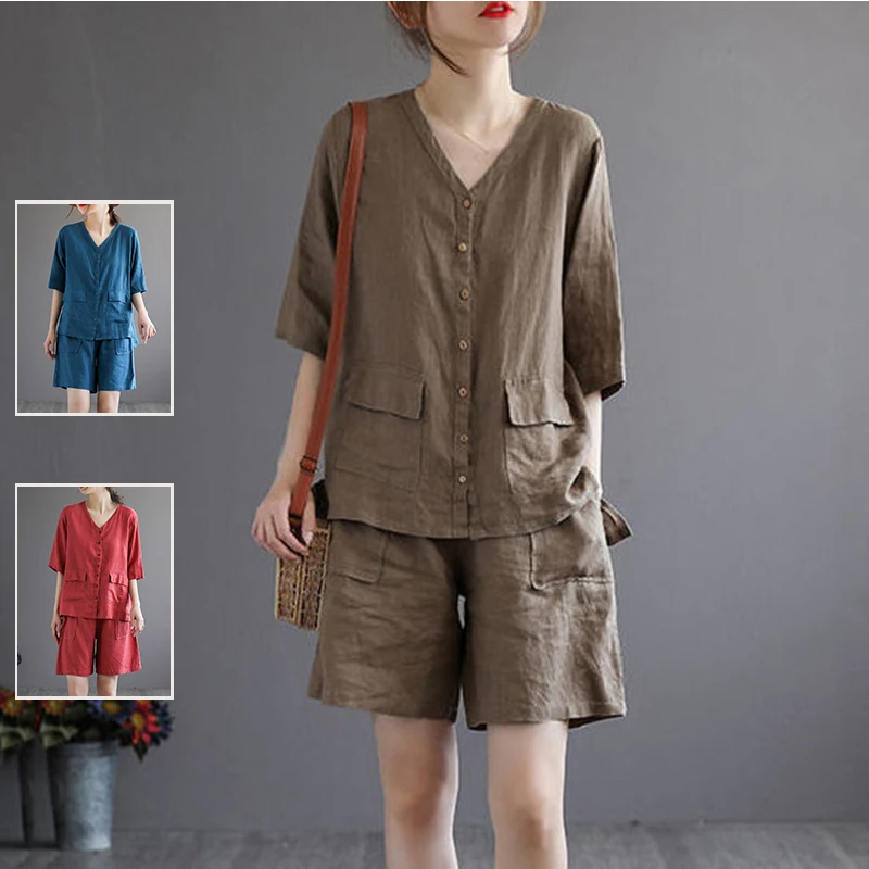 

plus Size Color Cotton Linen Casual Two Piece Set Women's V Ne Five Sve irt Linen Straight ort Pants Faion S...