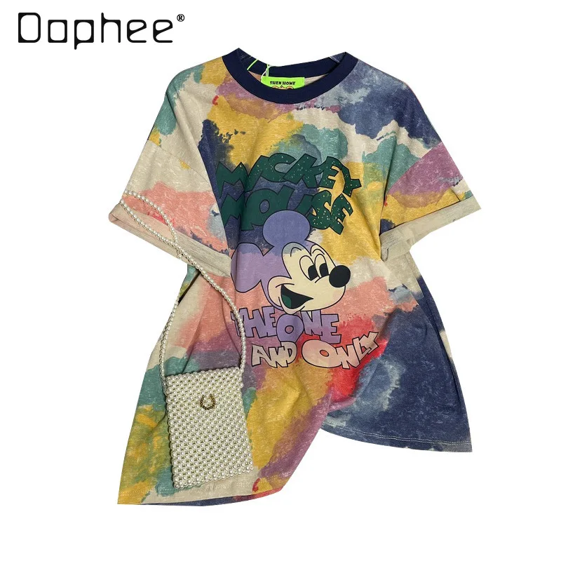 

Trendy Contrast Color Tie-Dye Cotton Short Sleeve T-shirt Women 2024 Summer New Round Neck Cartoon Printing Fashion Tops