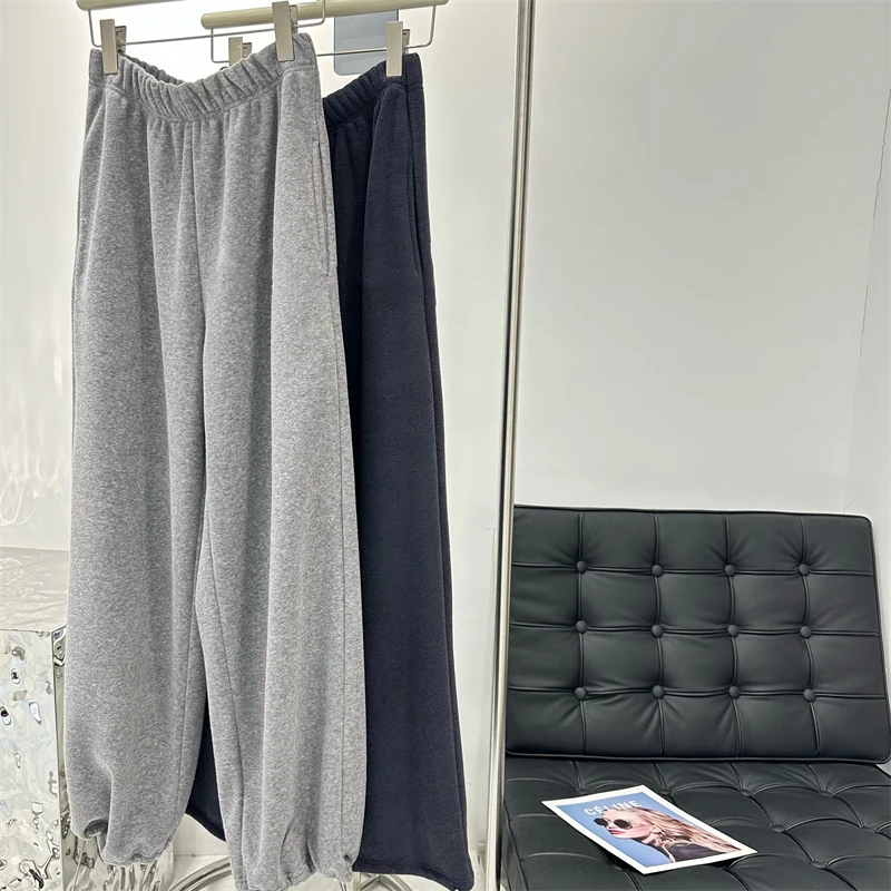 

Серые флисовые широкие брюки-палаццо женские осенне-зимние свободные спортивные брюки в пол с манжетами повседневные с высокой талией