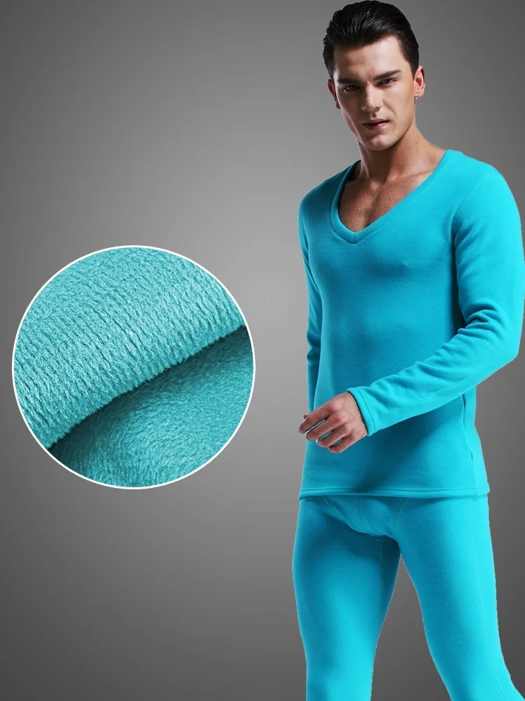 Autumn and Winter Men\'s Thickened and Velvet Winter V Neck Tight-Fitting Cotton Autumn Clothes and Long Trousers Thermal Intim