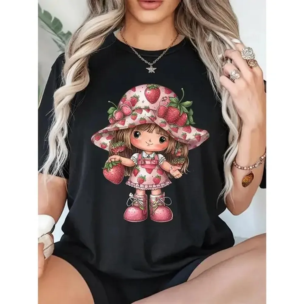 [100% Cotton] Round Neck Short Sleeve T - Shirt For US Women, Breathable, Strawberry - Themed Graphic Pattern, Casual Style, Sweet Vibe, Plus Sizes Aromatherapy Massage Golf Gift T-Shirt For Men And Women