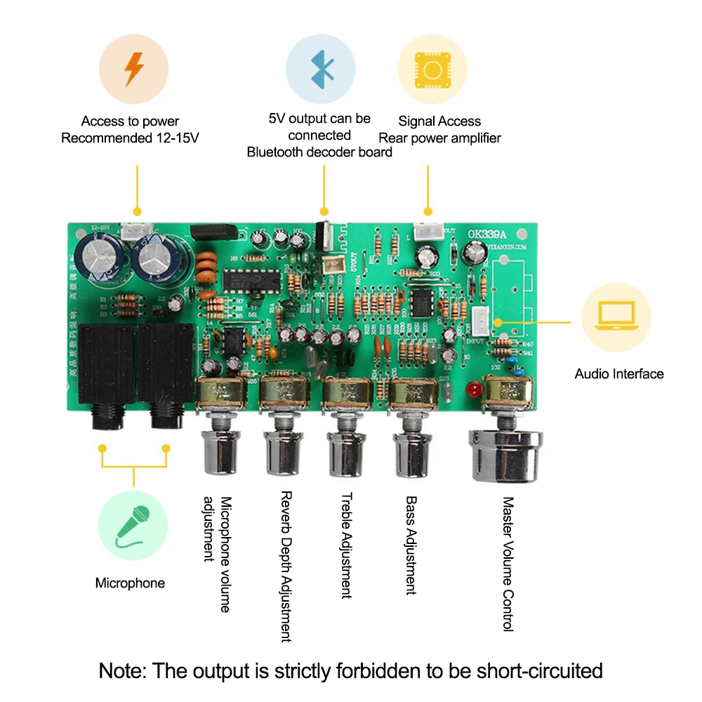 Digital Microphone Amplifier Tone Board PT2399 Karaoke Reverb Preamplifier Board Dual AC12-15V OK339 two microphone input