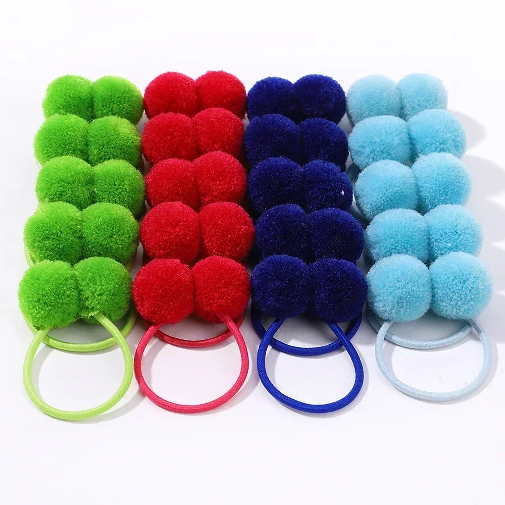 10Pcs Solid Color Baby Hair Ties Handmade Girls Winter Kids Fur Ball Rubber Band Polytail Hair Rope Hair Accessories Wholesale