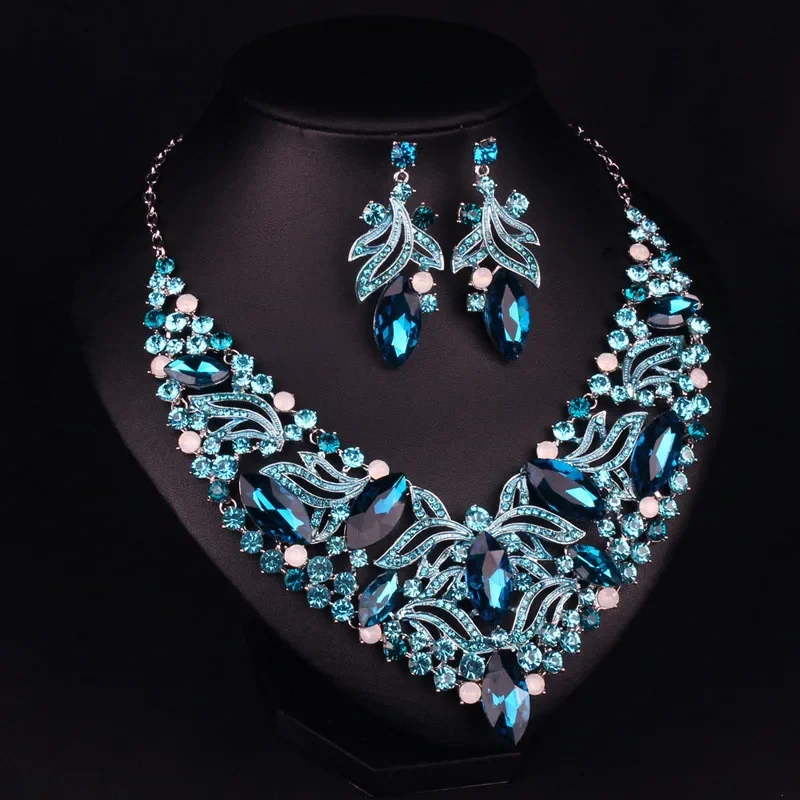 

Luxury Women Blue Flower Wedding Bridal Jewelry Sets Hollow Leaves Crystal Necklace Earring Western Wedding Accessories New