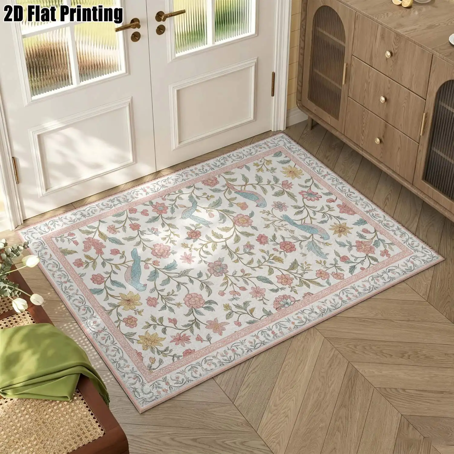 1Pc 2D Printed Carpet with Pink Flowers & Blue Birds Pattern European/Retro/Bohemian Style, Ideal for Home Decor, Machine Washable, Multi-Size, Fits Various Spaces.