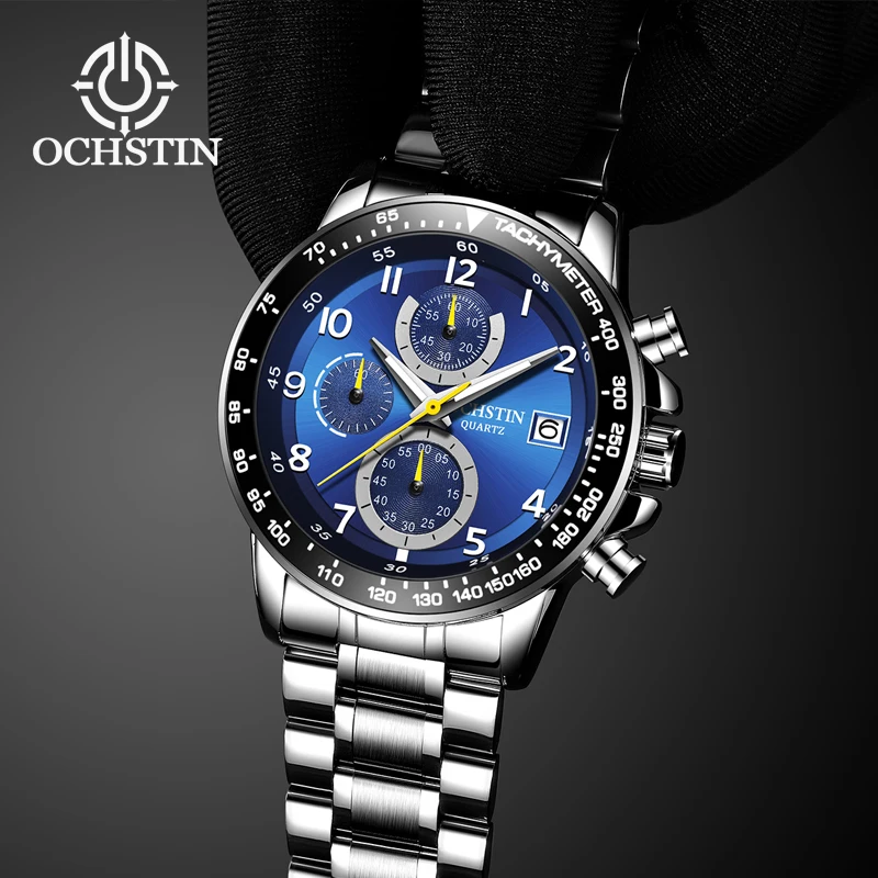 OCHSTIN Men Pilot Style Wristwatch Multi-Function Quartz Movement Stainless Steel Strap Clock Male Waterproof for Men Daily Use