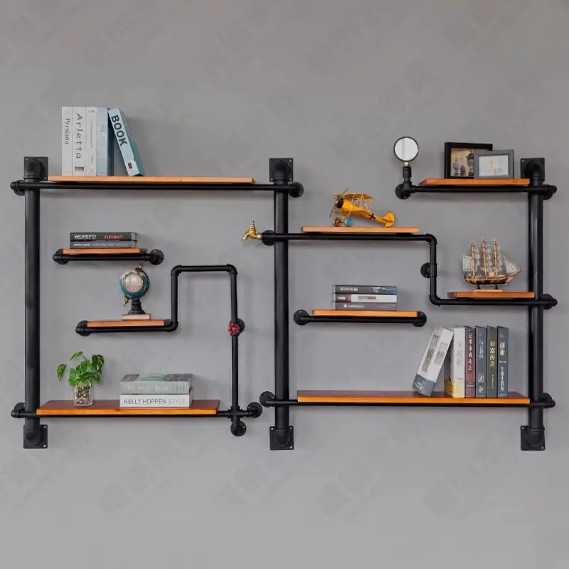 Customized retro industrial wind wall water pipe rack wall hanging creative storage rack bookshelf wine rack wrought iron decora